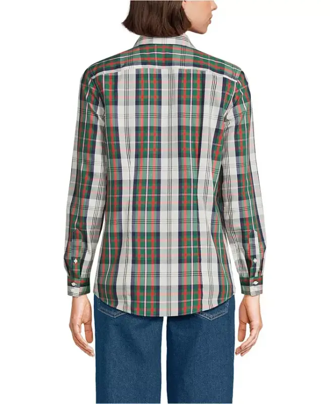 Petite No Iron Button Front Shirt - Ivor/red multi color plaid - 2