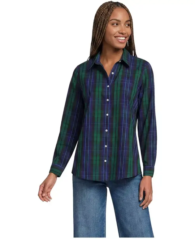 Petite No Iron Button Front Shirt - Liberty blue/pine blackwatch - 1