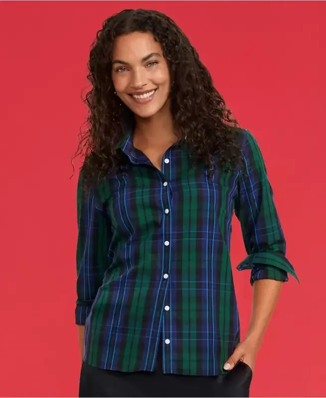 Petite No Iron Button Front Shirt - Liberty blue/pine blackwatch - 2