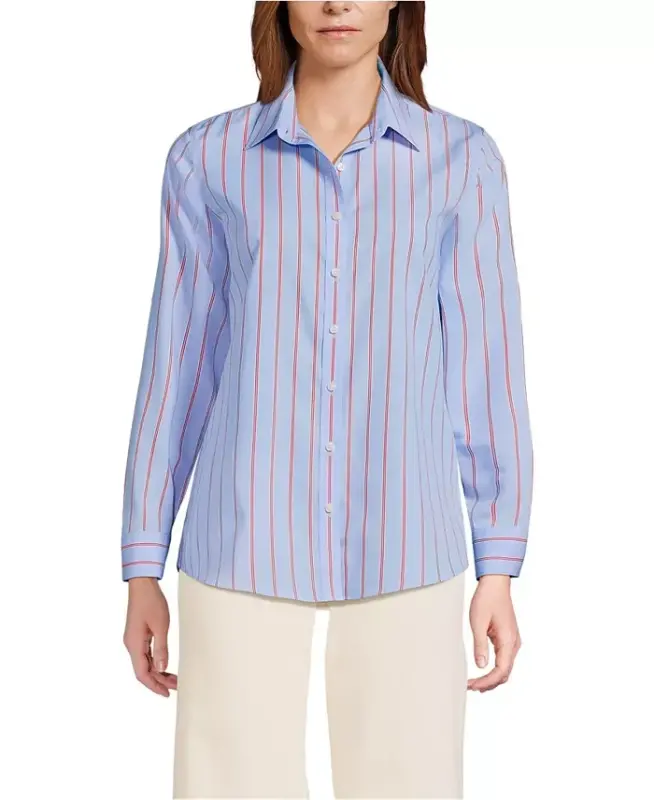 Petite No Iron Button Front Shirt - Light sea blue rail stripe - LANDS' END