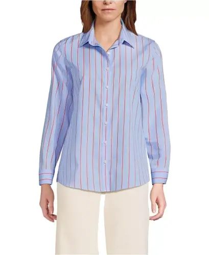 Petite No Iron Button Front Shirt - Light sea blue rail stripe 