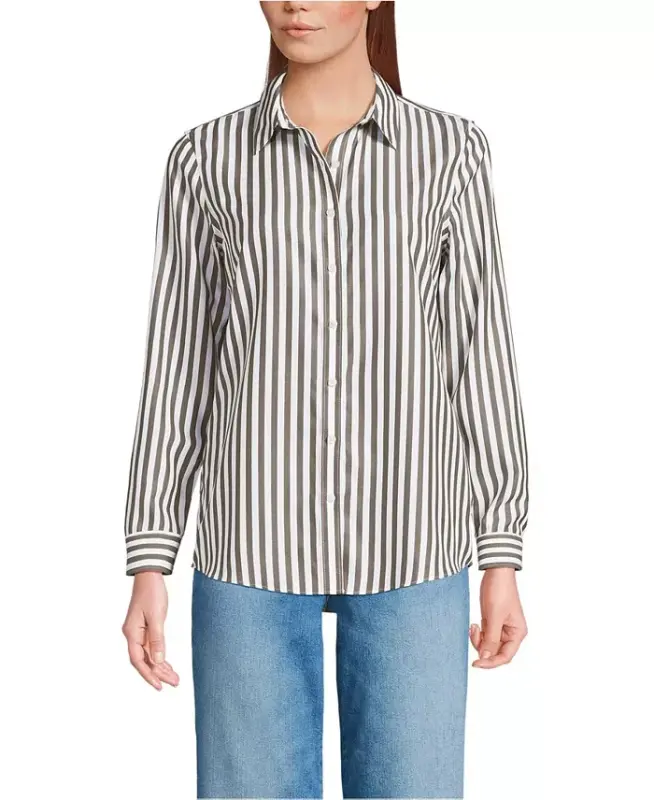 Petite No Iron Button Front Shirt - Olive drab/white stripe - 1