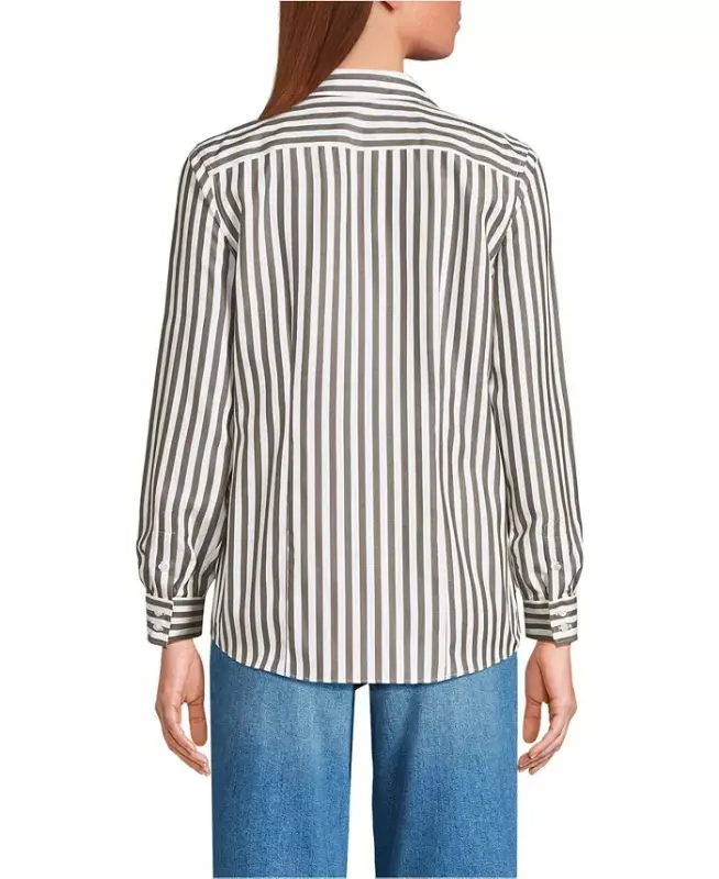 Petite No Iron Button Front Shirt - Olive drab/white stripe - 2