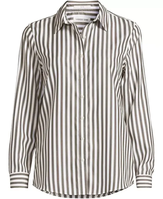 Petite No Iron Button Front Shirt - Olive drab/white stripe - 3