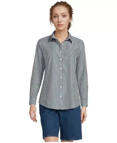 Petite No Iron Button Front Shirt - Pine/white stripe - 1