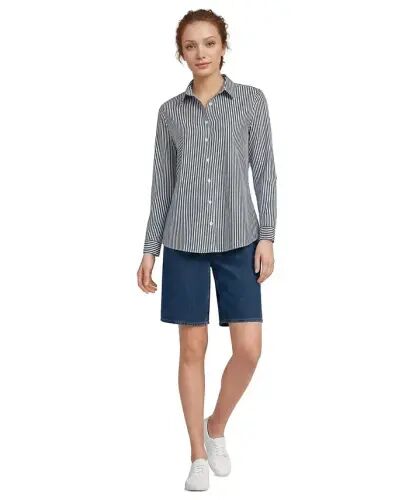 Petite No Iron Button Front Shirt - Pine/white stripe - LANDS' END (1)