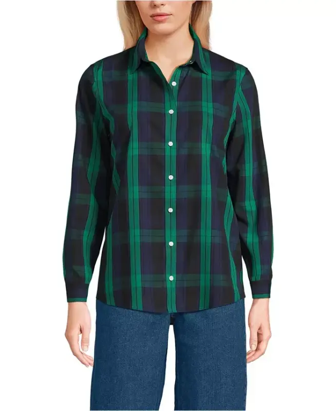 Petite No Iron Button Front Shirt - Rich clover/navy plaid - 1