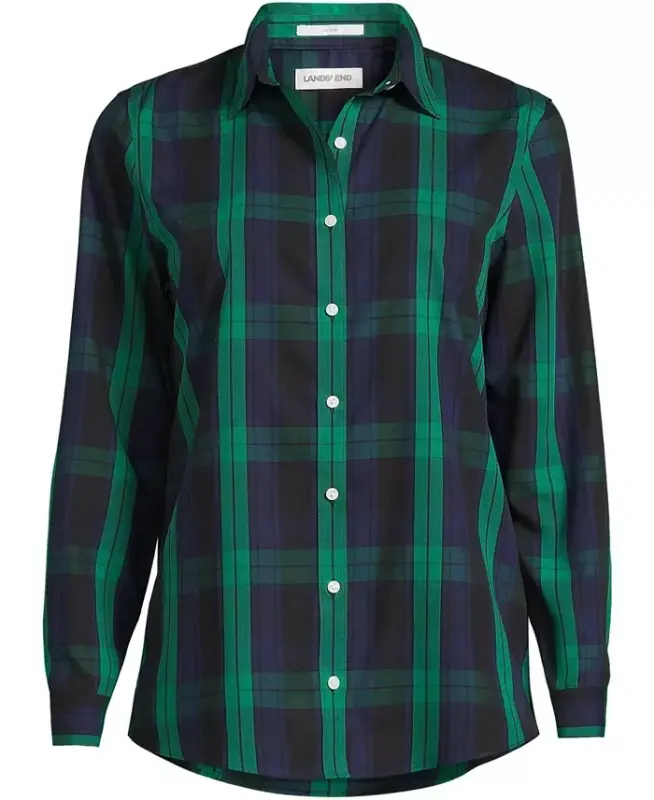 Petite No Iron Button Front Shirt - Rich clover/navy plaid - 5