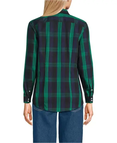 Petite No Iron Button Front Shirt - Rich clover/navy plaid - 6
