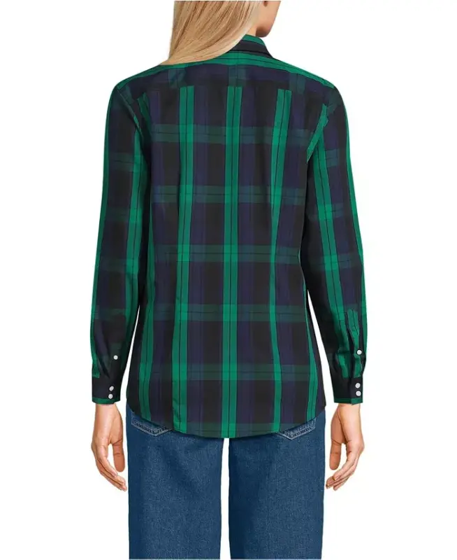 Petite No Iron Button Front Shirt - Rich clover/navy plaid - 6