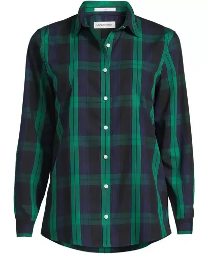 Petite No Iron Button Front Shirt - Rich clover/navy plaid - 2