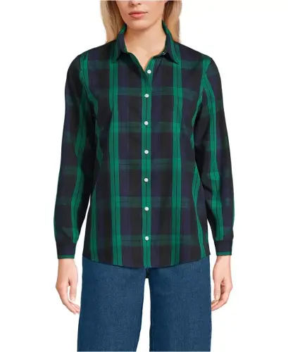 Petite No Iron Button Front Shirt - Rich clover/navy plaid 