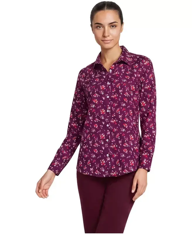 Petite No Iron Button Front Shirt - Vivid plum ditsy bouquets - 1