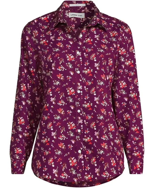 Petite No Iron Button Front Shirt - Vivid plum ditsy bouquets - 4