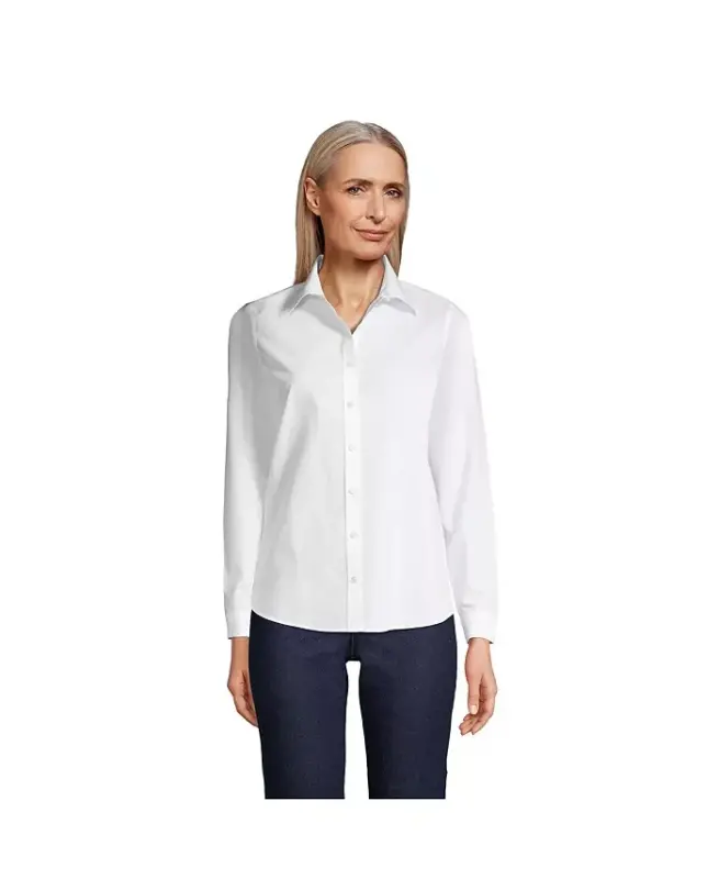Petite No Iron Button Front Shirt-White - LANDS' END
