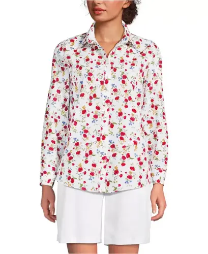 Petite No Iron Button Front Shirt - White multi poppy floral 