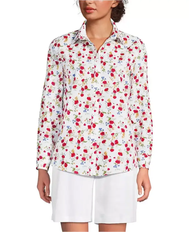 Petite No Iron Button Front Shirt - White multi poppy floral - 1