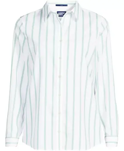 Petite No Iron Button Front Shirt - White/aqua classic stripe - LANDS' END (1)