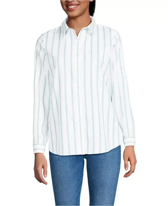 Petite No Iron Button Front Shirt - White/aqua classic stripe - 1