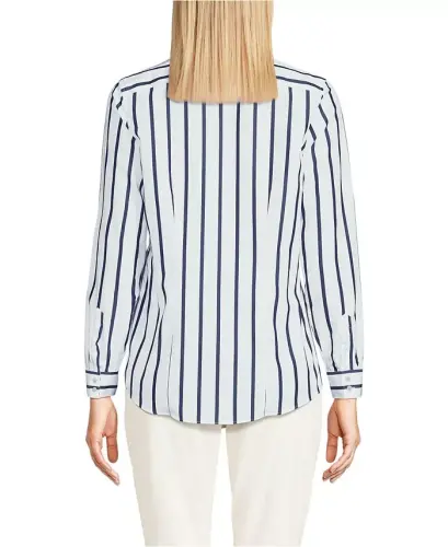 Petite No Iron Button Front Shirt - White/navy classic stripe - LANDS' END (1)