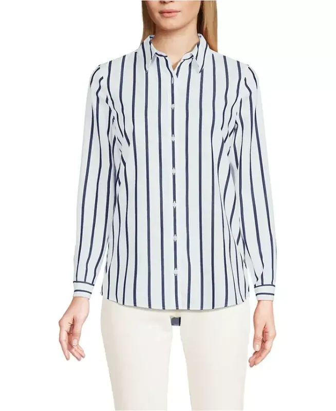 Petite No Iron Button Front Shirt - White/navy classic stripe - 1