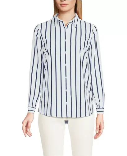 Petite No Iron Button Front Shirt - White/navy classic stripe - 1