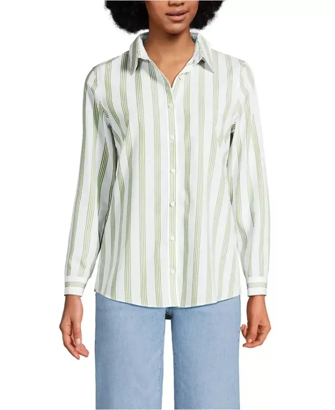 Petite No Iron Button Front Shirt - White/winter pear quad stripe - LANDS' END