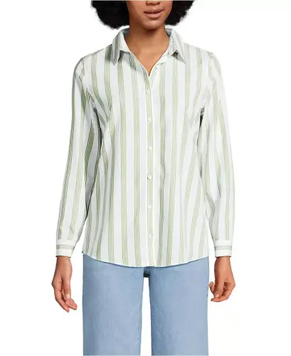 Petite No Iron Button Front Shirt - White/winter pear quad stripe 