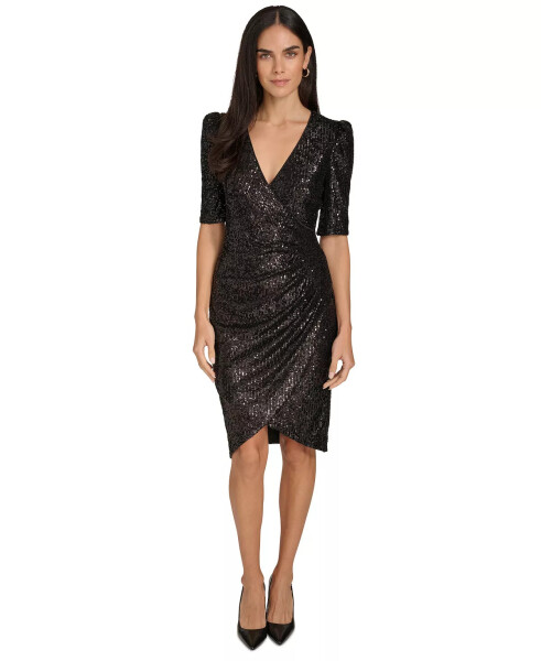 Petite Ruched Sequined Wrap Sheath Dress Black - 1