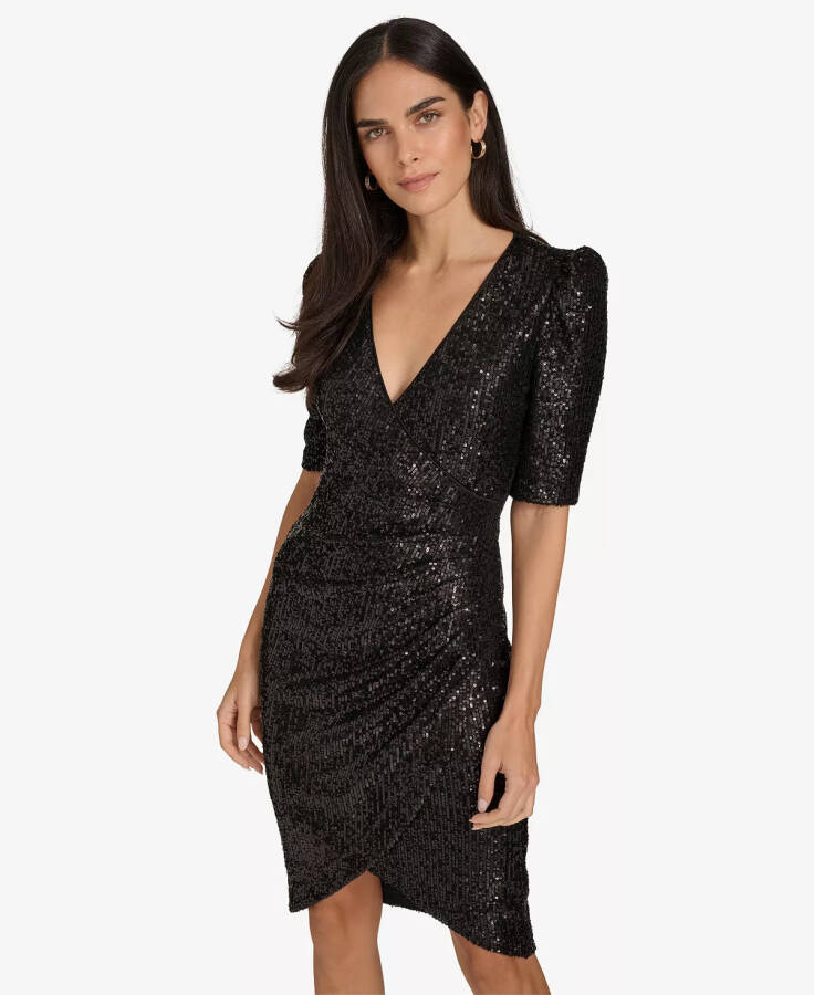 Petite Ruched Sequined Wrap Sheath Dress Black - 2