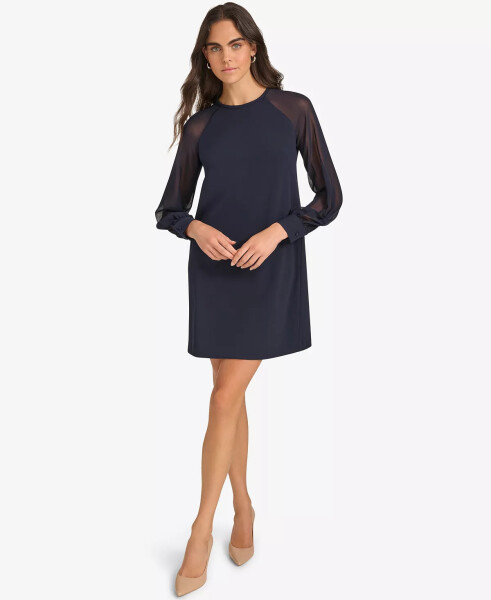 Petite Sheer-Sleeve Jewel-Neck Shift Dress Indigo - 1