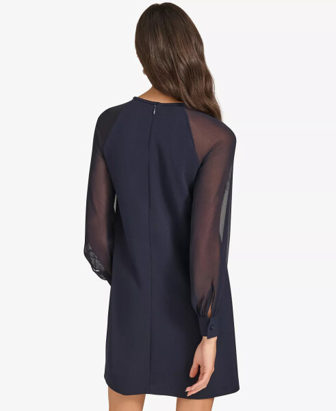 Petite Sheer-Sleeve Jewel-Neck Shift Dress Indigo - 2