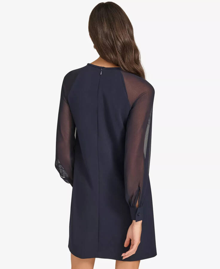 Petite Sheer-Sleeve Jewel-Neck Shift Dress Indigo - 2