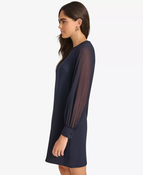 Petite Sheer-Sleeve Jewel-Neck Shift Dress Indigo - 3