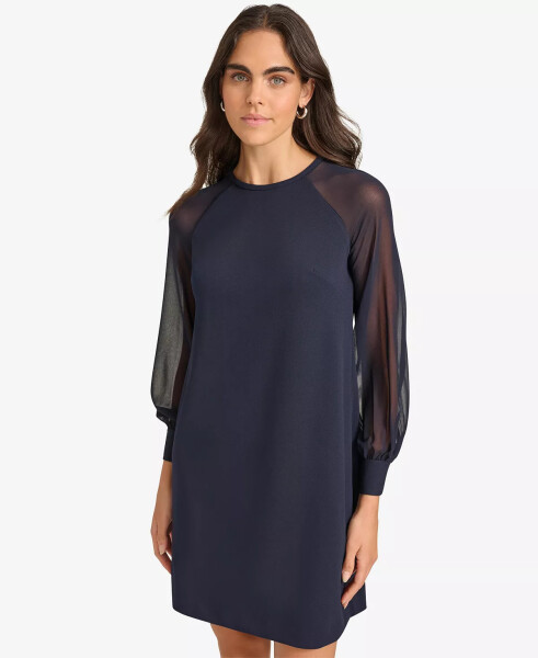 Petite Sheer-Sleeve Jewel-Neck Shift Dress Indigo - 4