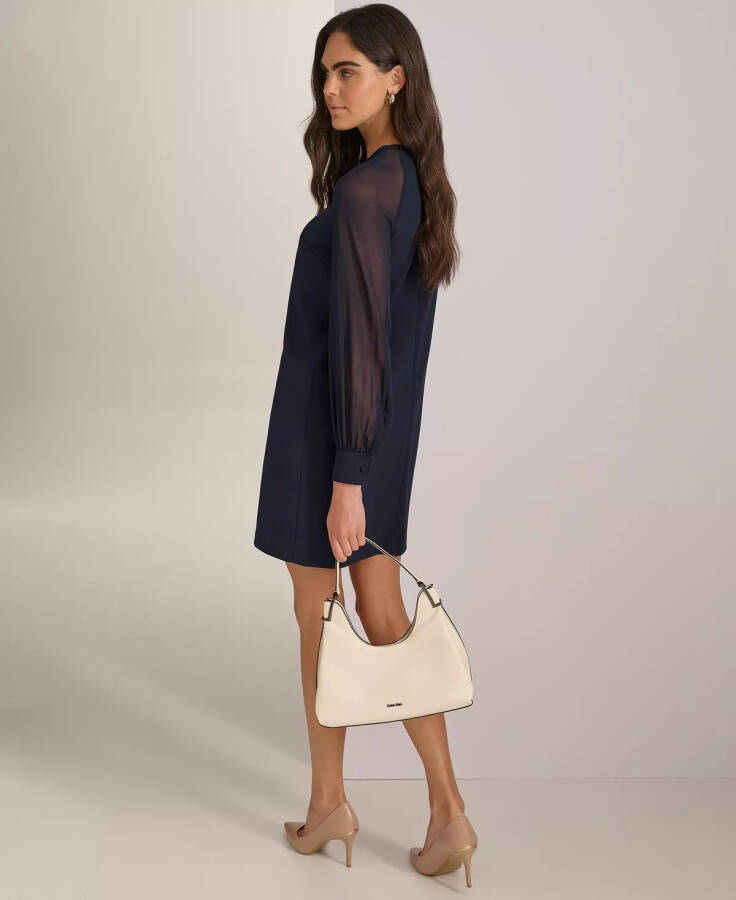 Petite Sheer-Sleeve Jewel-Neck Shift Dress Indigo - 5