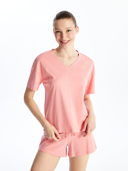 Petite V-Neck Plain Short Sleeve Women's Shorts Pajama Set - 16