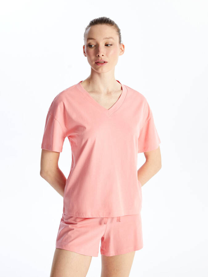 Petite V-Neck Plain Short Sleeve Women's Shorts Pajama Set - 18