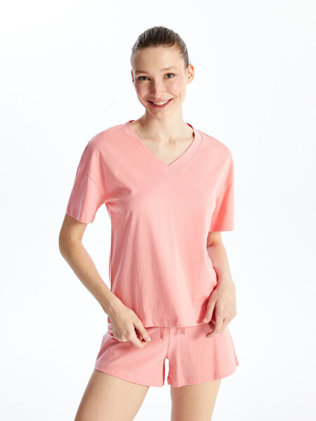 Petite V-Neck Plain Short Sleeve Women's Shorts Pajama Set - 2