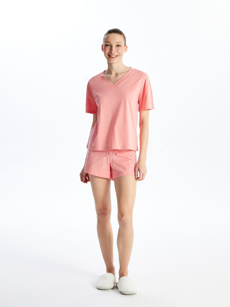 Petite V-Neck Plain Short Sleeve Women's Shorts Pajama Set - 6