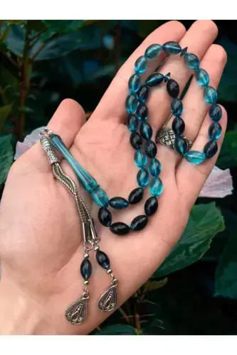 Petrol Blue Transparent Rosary with Wavy Wooden Box - Petrol Blue - KANUNİ TESBİH (1)
