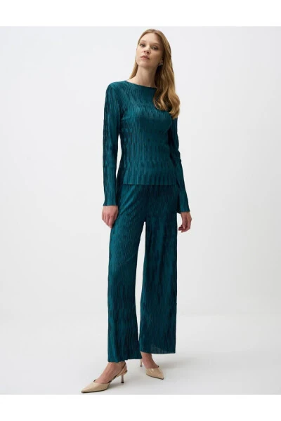Petrol Green Relaxed Fit Wide Leg Sequin Knit Pants - 1