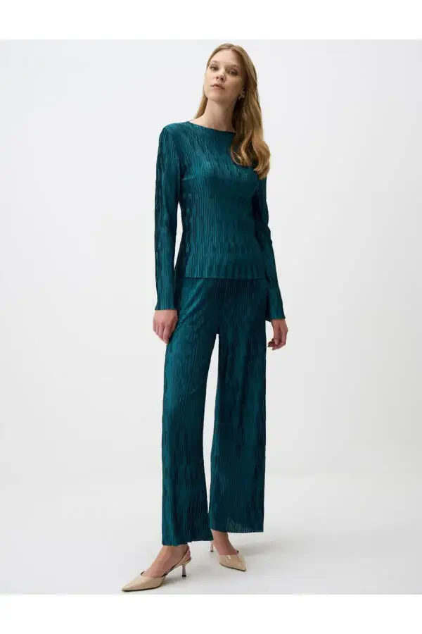 Petrol Green Relaxed Fit Wide Leg Sequin Knit Pants - 1