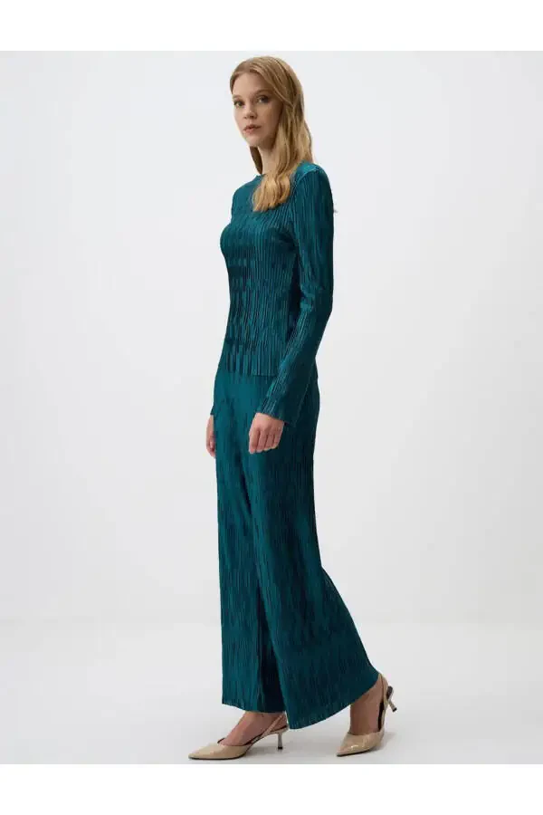 Petrol Green Relaxed Fit Wide Leg Sequin Knit Pants - 2