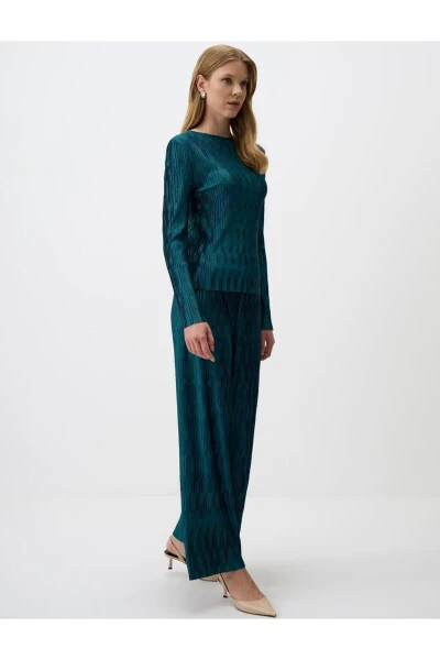 Petrol Green Relaxed Fit Wide Leg Sequin Knit Pants - 3