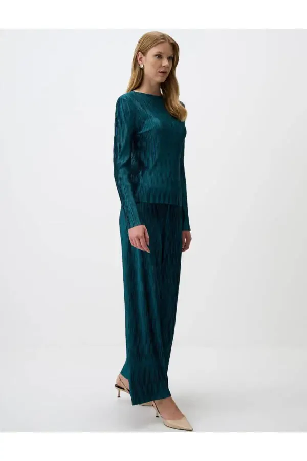 Petrol Green Relaxed Fit Wide Leg Sequin Knit Pants - 3