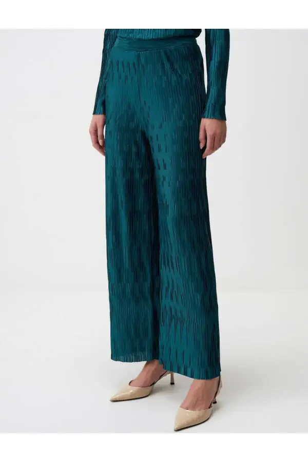 Petrol Green Relaxed Fit Wide Leg Sequin Knit Pants - 4