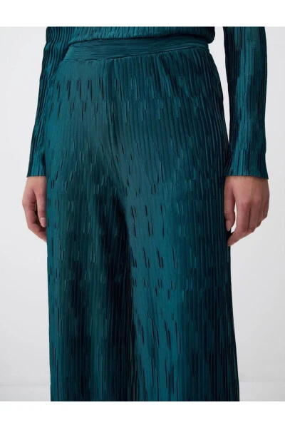 Petrol Green Relaxed Fit Wide Leg Sequin Knit Pants - 5