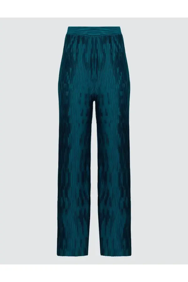 Petrol Green Relaxed Fit Wide Leg Sequin Knit Pants - 7