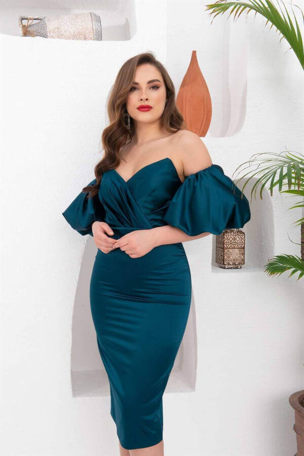 Petrol Satin Balloon Sleeve Short Dress - 3